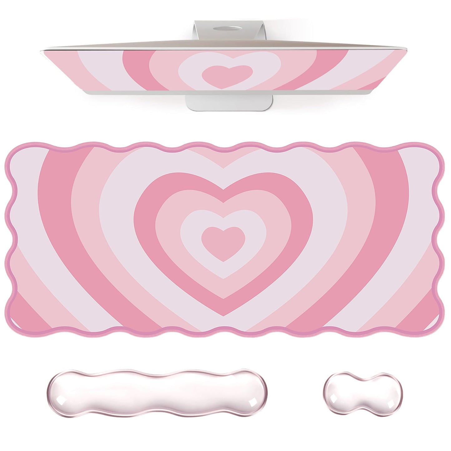 L-SPOUTTO Pink Heart Mouse Pad Set,Scalloped XXL Desk Mat + Ergonomic Mouse Wrist Rest + Gel Keyboard Wrist Rest for Keyboard 65%/75%,3in1 Large Desk Pad for Desktop Home Office Computer Game