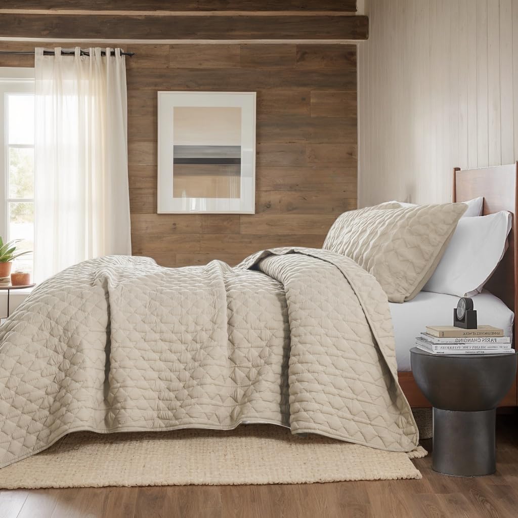 Beige Quilt King Size Bedding Sets with Pillow Shams, Lightweight Soft Bedspread Coverlet, Quilted Blanket Thin Comforter Bed Cover, All Season Summer Spring, Tan Cream, 3 Pieces, 104x90 inches