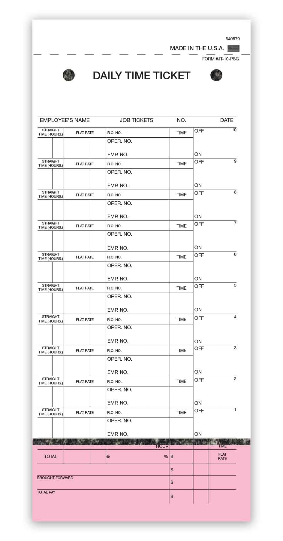 Daily Time and Job Ticket - 10 Labels per Sheet (3-Part) (Form JT-10-PSG) (250 per Box)