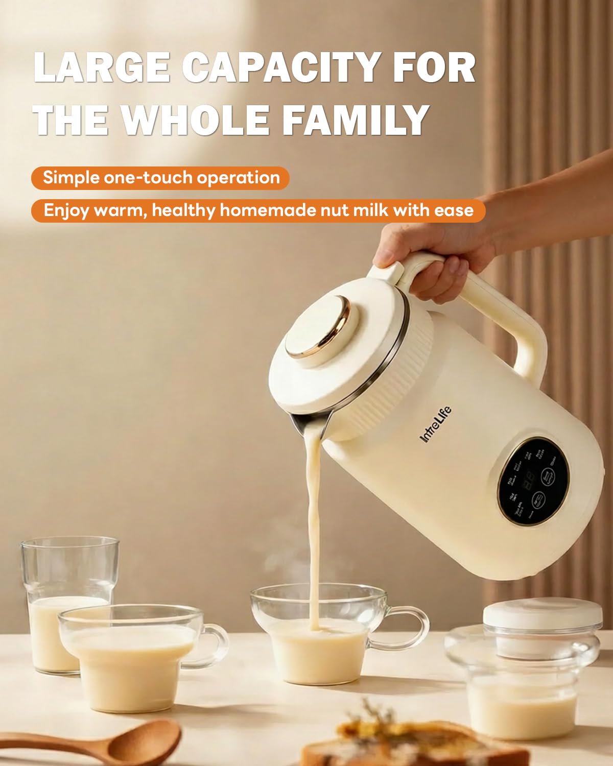 IntreLife 34 oz Nut Milk Maker Machine, 8 in 1 Soy Milk Maker with Nut Milk Bag, Plant Based Milk Maker for Almond, Oat, with Delay Start/Keep Warm/Self Cleaning, Cream