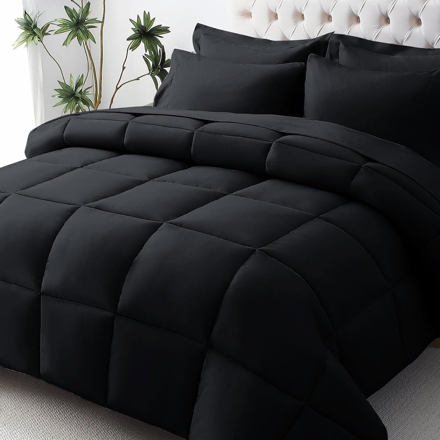 JOLLYVOGUE King Comforter Set, Ultra-Soft Bed in a Bag King Size 7 Pieces, Oeko-TEX Certified Bedding Set with Down Alternative Comforter, Sheets, Pillowcases & Shams, Black
