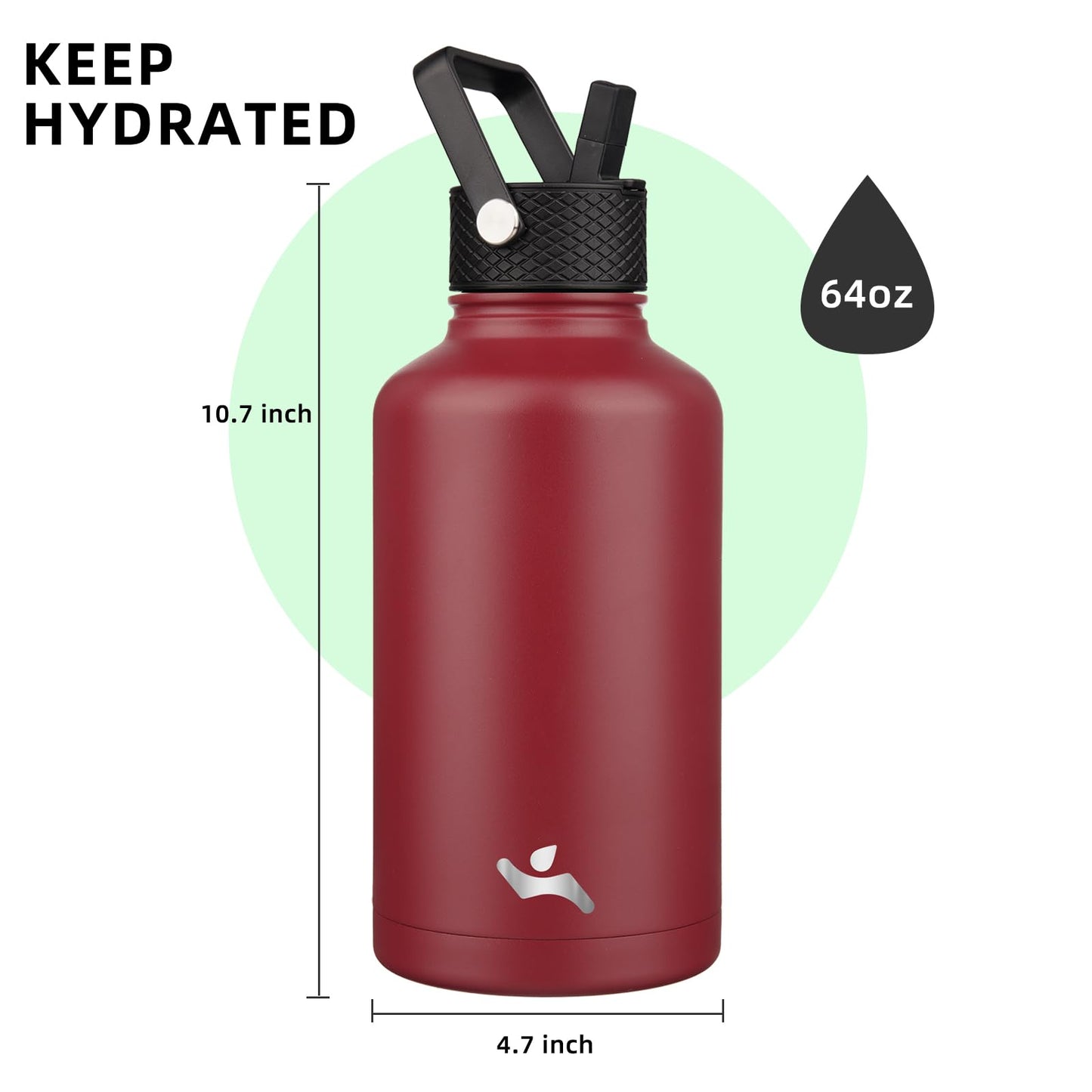 Konokyo Half Gallon Insulated Water Bottle with Straw,64 oz 3 Lids Water Jug with Carrying Bag,Paracord Handle,Double Wall Vacuum Stainless Steel Metal Flask,Dark Red