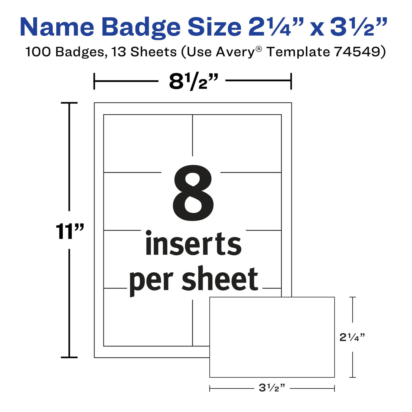 Avery Customizable Name Badges, Pin Style, 2.25" x 3.5", Clear Name Tag Holders, White Laser/Inkjet Printable Inserts, 100 Total (74549)