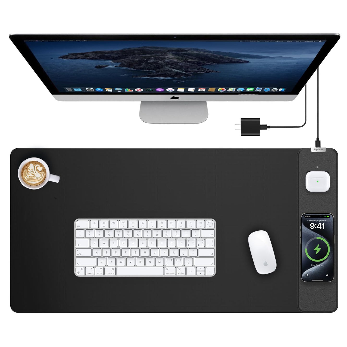 TopMade Mouse Pad with 15W Wireless Charging, Waterproof Gaming Mousepad with Ultra-Smooth Surface, Non-Slip Base, 31.5"x15.75" XXL Large Desk Pad (Includes 20W PD Power Adapter & 6.56ft Woven Cable)
