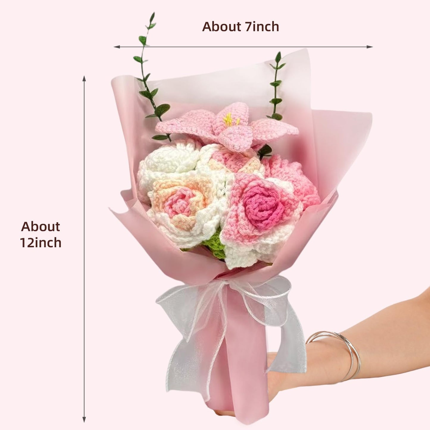 Crochet Flower Bouquet, 6 Flowers Crochet Graduation Flower Bouquet, Knitted Bouquet, Roses, Preserved Flower for Mother's Day, Valentine's Day, Birthday (Big-Pink)