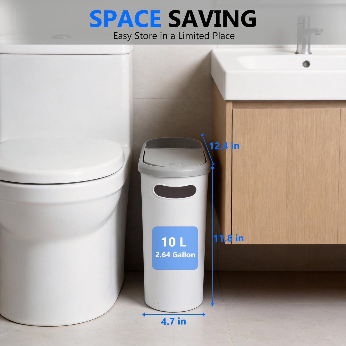 KOOMADE Bathroom Small Trash Can with Lid - 2PC 10 Liter/2.6 Gallon Plastic Slim Narrow Garbage Can with Pop-Up Lid, Space-Saving Trash Bin Waste Basket for Toilet, Bedroom,Kitchen,Craft Room,Office
