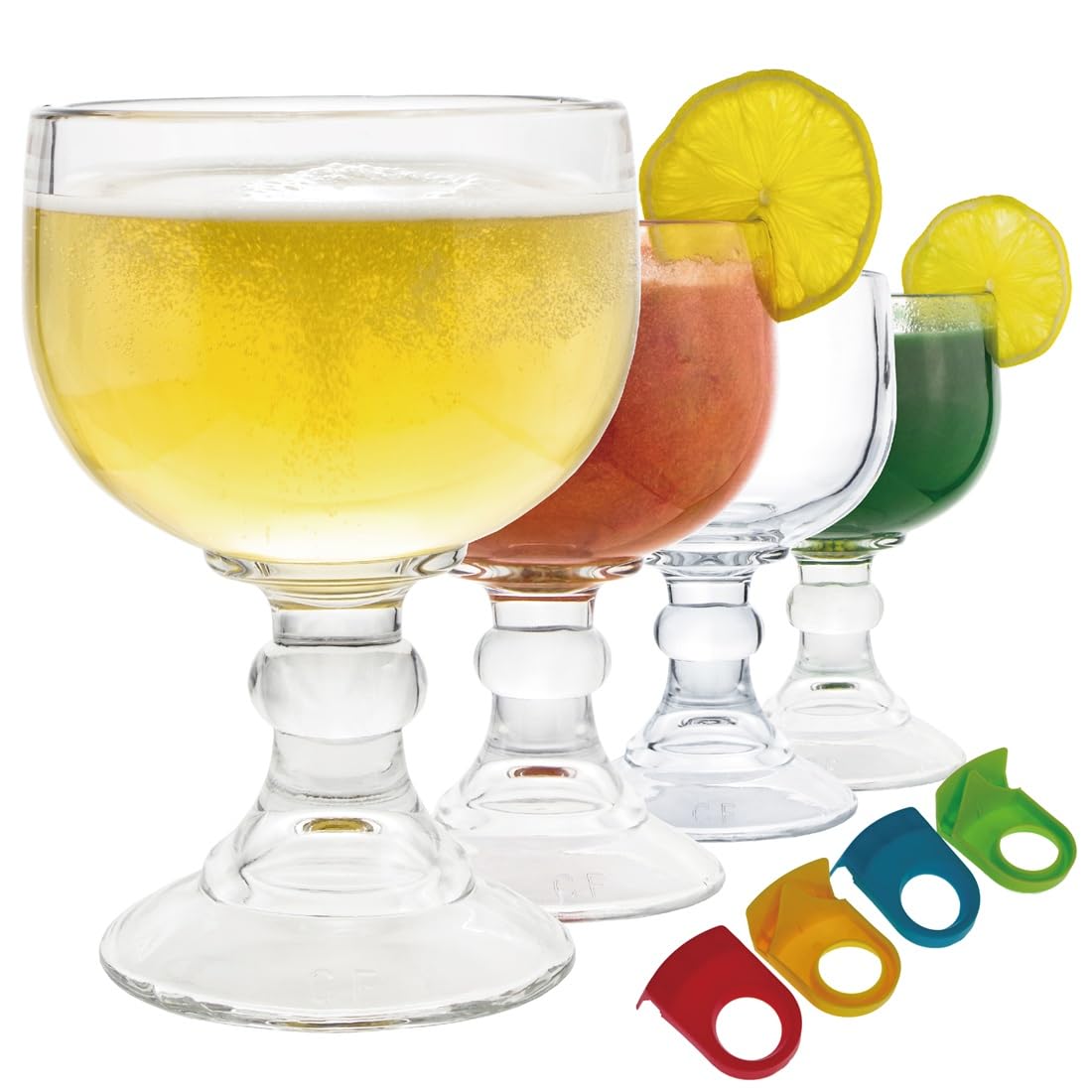 Chefcaptain Margarita Glass Schooner- 21.5 Oz Set of 4 Extra Large Goblet With Clips ZERO LEAD Crystal Style Shrimp Cocktail, Coronaritas, Margaritas Set Of 4 With 4 Color Clips