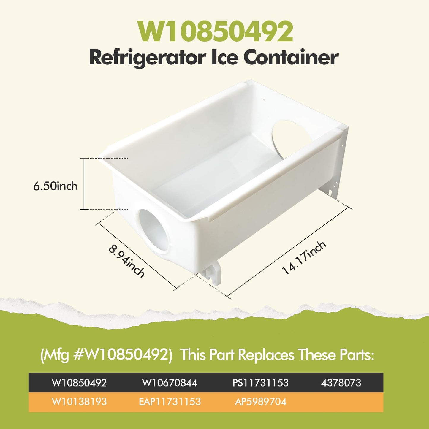 Updated W10850492 Ice Bucket Compatible with Whirlpool Amana Maytag Kenmore Refrigerator, Ice Container W10670844 W10138193 AP5989704 PS11731153 4378073 EAP11731153