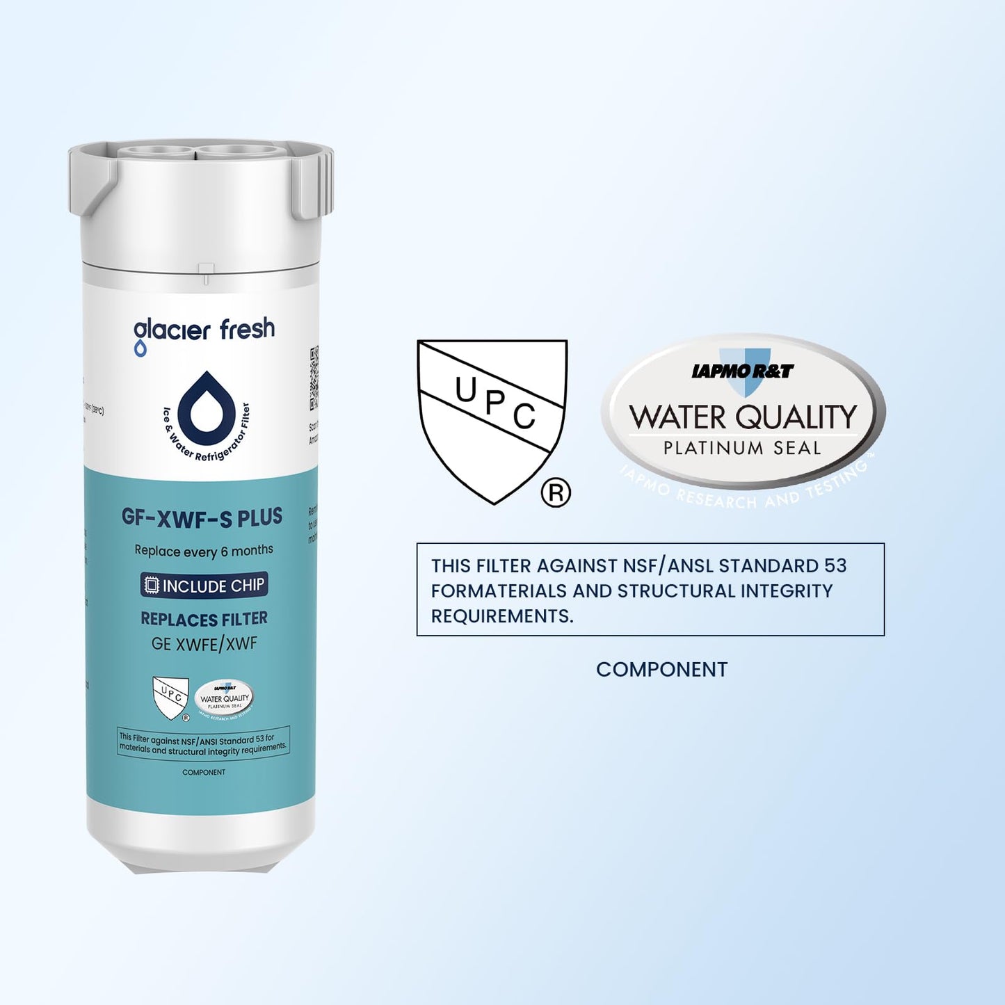 GLACIER FRESH Water Filter Compatible with XWFE (Built-in CHIP), Replacement for GE XWFE, XWF Refrigerator Water Filter NSF/ANSI 53 Certification Pack of 1
