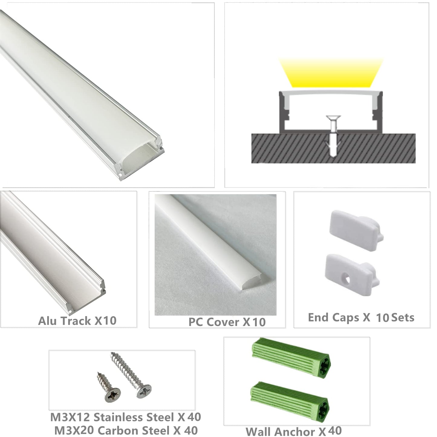 10-Pack Pre-Drilled Countersunk Hole 3.3FT LED Strip U Channel Diffuser, Hacksaw Easy Cut Tight and Flush Mounted Under Cabinet Tape Light Aluminum Low Profile with Screw and End caps (10)