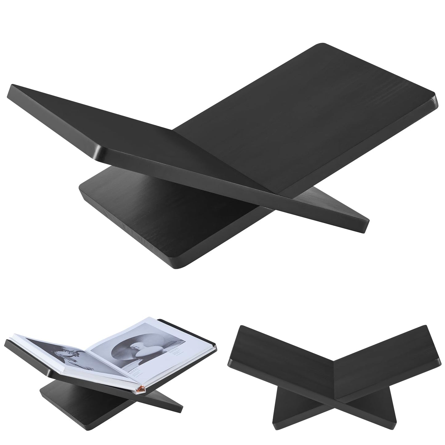 DECORANY Solid Wooden Book Stand for Desktop Display & Reading –15.7" x 9.4" x 5.7” Extra Large Wood Open Book Holder for Cookbook, Bible, Recipe, Textbook, Magazine (Solid Black Finish Wood)