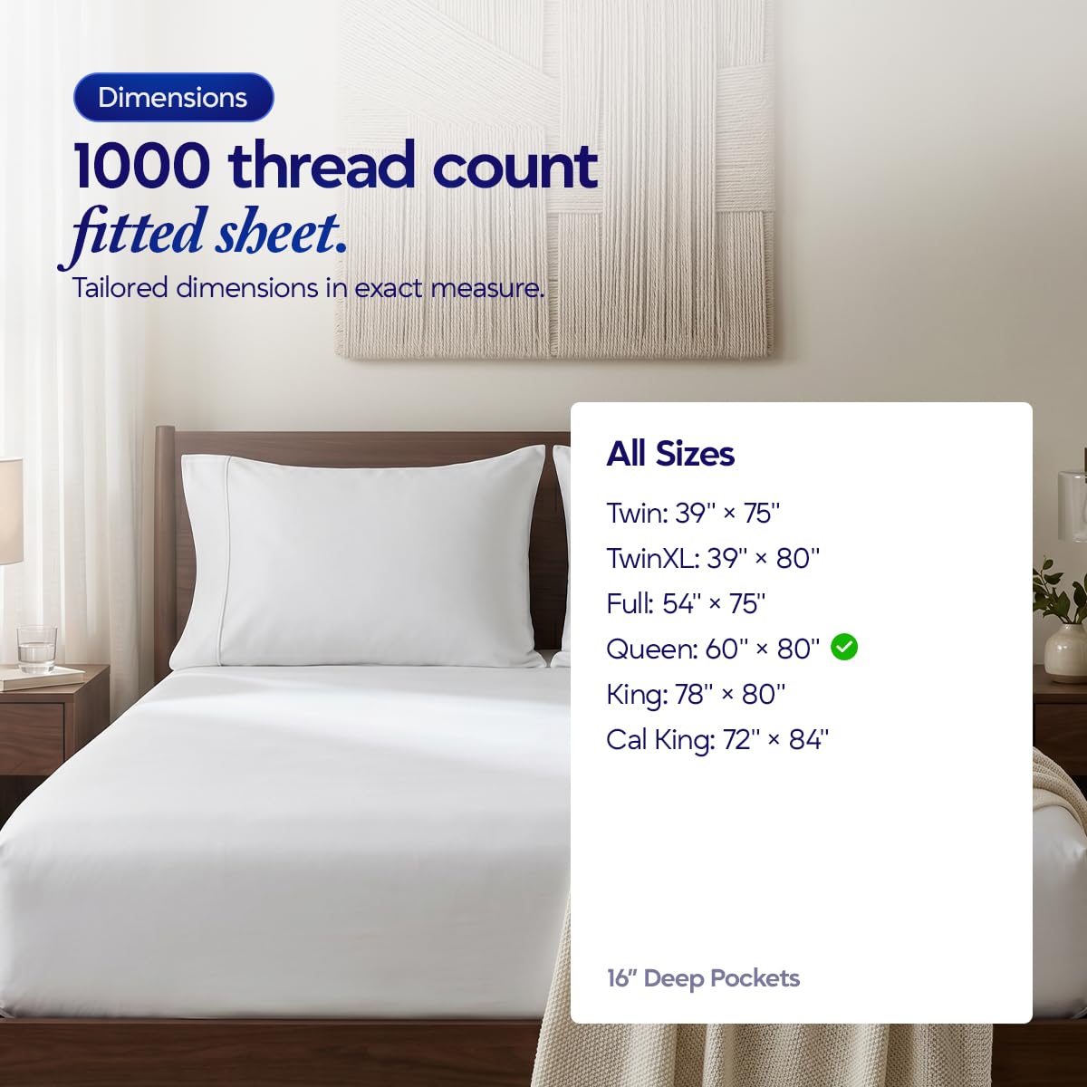 100% Egyptian Cotton Fitted Sheet Only - 1000 Thread Count Cotton Fitted Sheet, Soft, Durable, Cooling 16" Deep Pocket Sateen Weave Bottom, Luxury Hotel Quality (White, Queen)