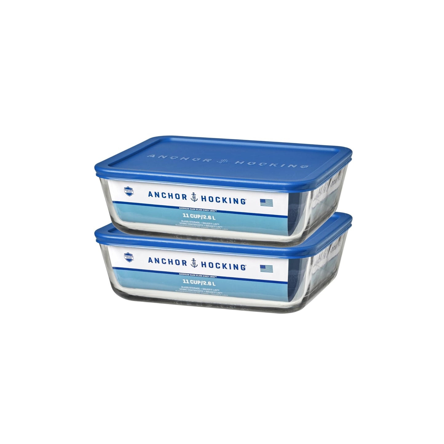 Anchor Hocking 11-Cup Glass Storage Containers with Lids, Set of 2 Glass Food Storage Containers with Blueberry SnugFit Lids
