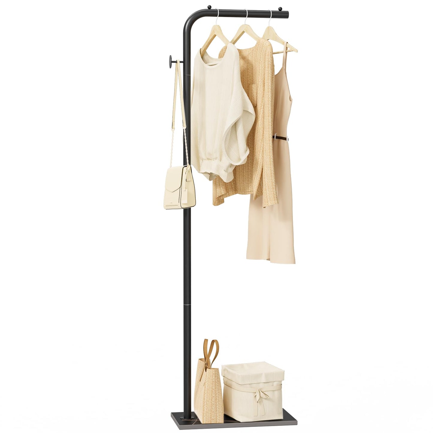 OUTBROS Coat Rack, Portable L-shaped Clothes Rack with Hook, Modern Hanger, Sturdy Freestanding Metal Clothing Rack, Used in Bedroom, Entrance and Living Room, 15.3x10.2x70.8 inch, Black