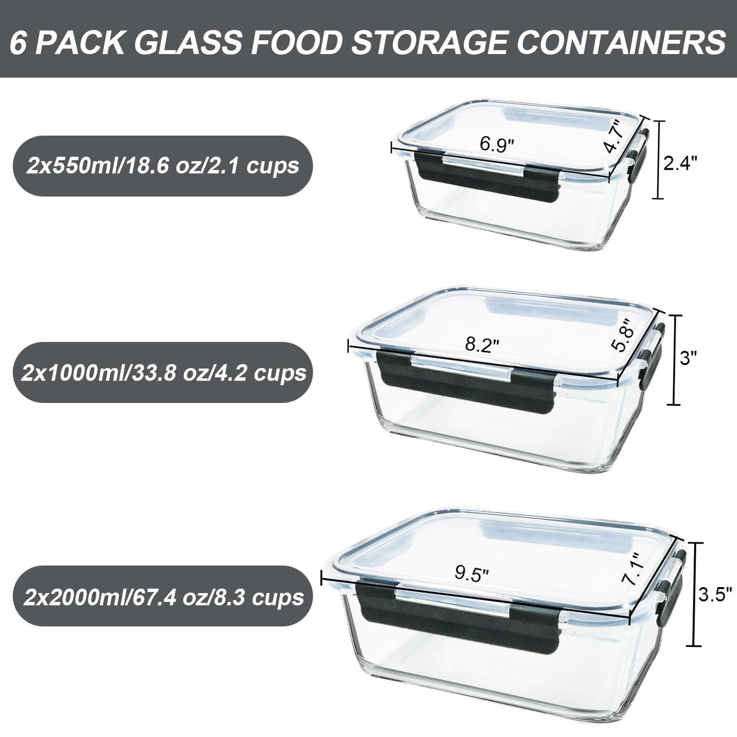 M MCIRCO 67.4oz(8.3 cup), 33.8oz(4.2 cup)& 18.6oz(2.1 cup) Extra Large Glass Food Storage Containers Set with Lids, 6 Pack Airtight Glass Storage Container for Microwave,Oven,Freezer Dishwasher