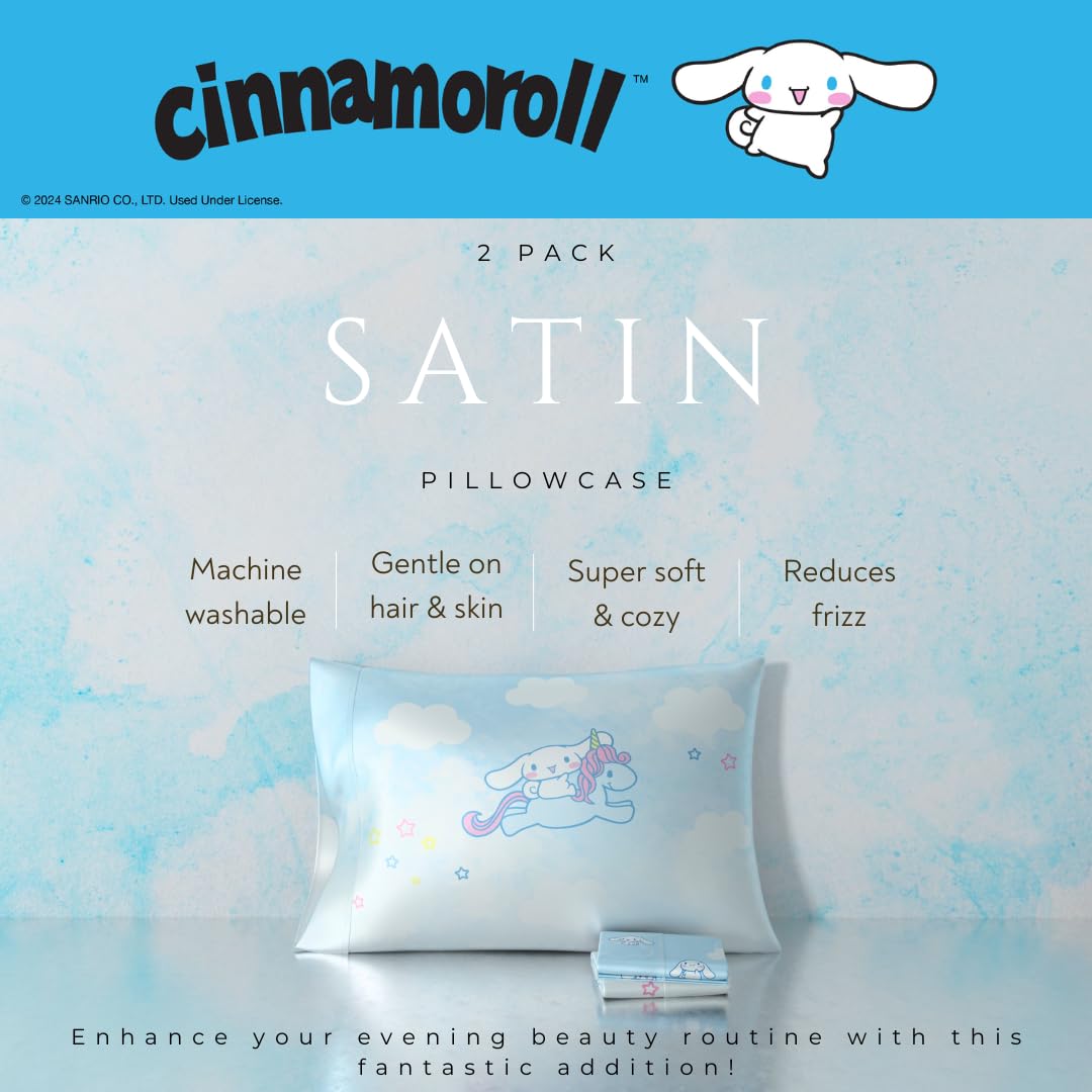 Cinnamoroll Beauty Silky Satin Standard 2 Pack Reversible Pillowcase Cover 20x30 for Hair and Skin, (Officially Licensed Product) by Franco Collectibles