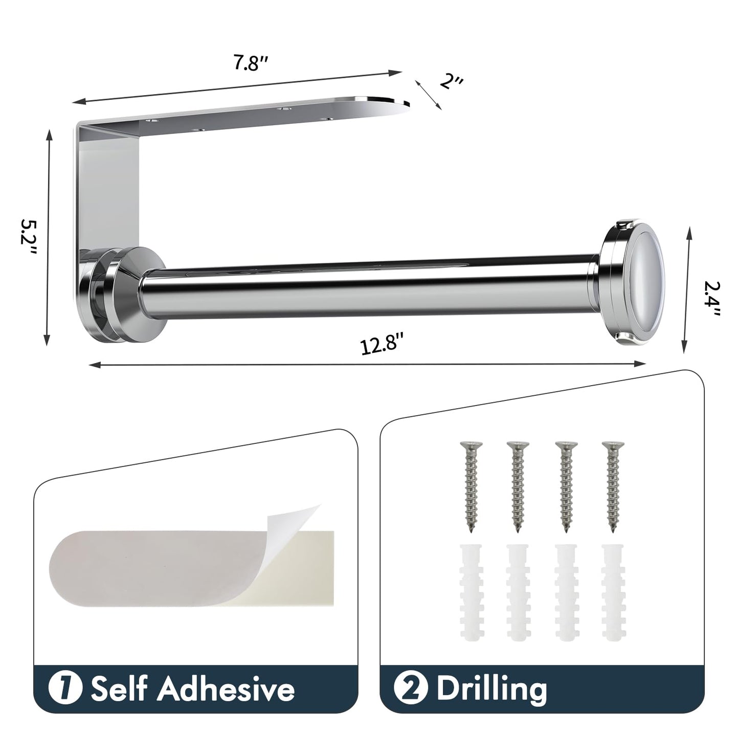 theaoo Paper Towel Holder Under Cabinet, One-Handed Tear Wall Mount Paper Towel Holder Dispenser with Damping Function for Kitchen Organization, Stainless Steel, Self-Adhesive or Drill mounting,Silver