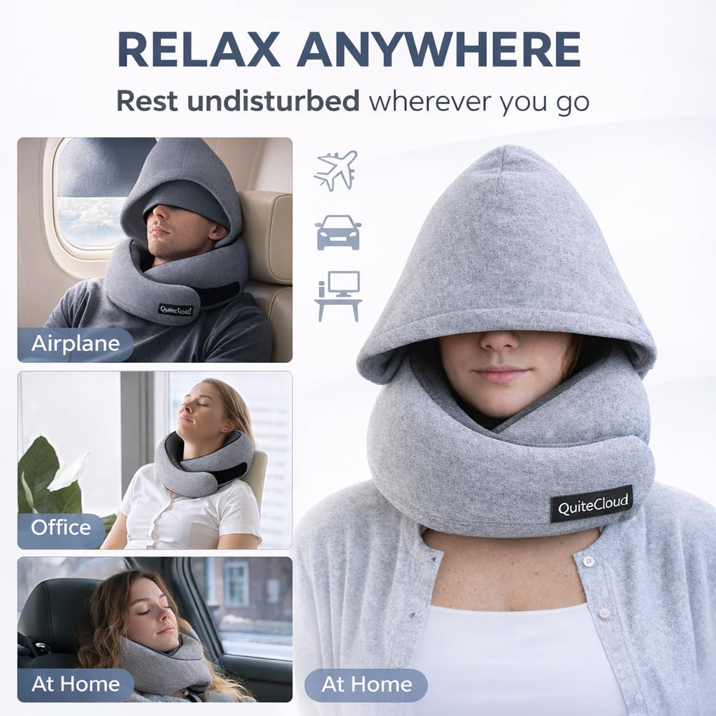 Travel Neck Pillow Hooded Memory Foam 360° Head & Chin Support, Lightweight Breathable Adjustable Fit Travel Neck Pillow with Eye Mask, Earplugs & Carry Bag for Airplanes, Car, Bus, Train & Long Trips