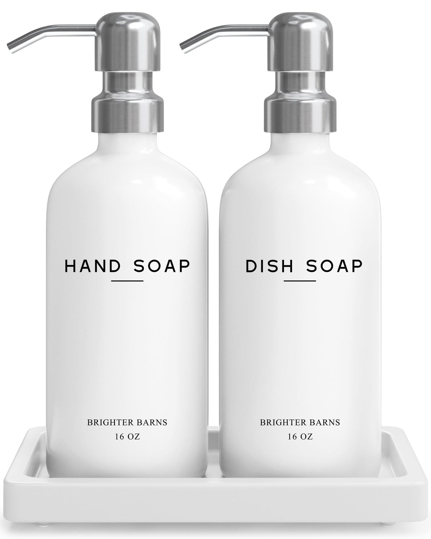 White Glass Hand and Dish Soap Dispenser Set by Brighter Barns - Kitchen Soap Dispenser Set with Tray & Pump for Office, Hotel, Vacation Rental, Airbnb - Modern Kitchen Decor & Accessories (White)