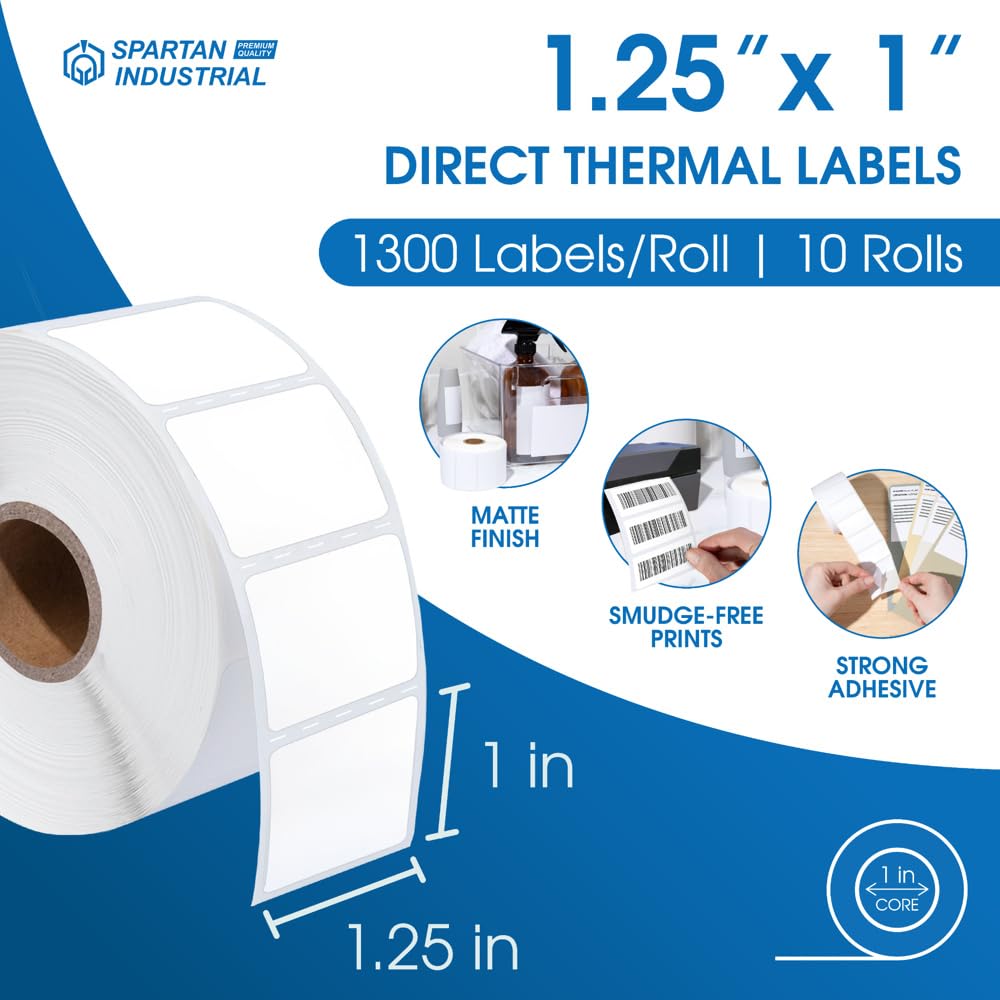 Spartan Industrial - 1.25" X 1" Direct Thermal Labels (13000 Count, 10 Rolls) - Barcode Stickers, SKU Labels, Product Identification - Compatible with Zebra Desktop Printers, NOT Rollo Compatible