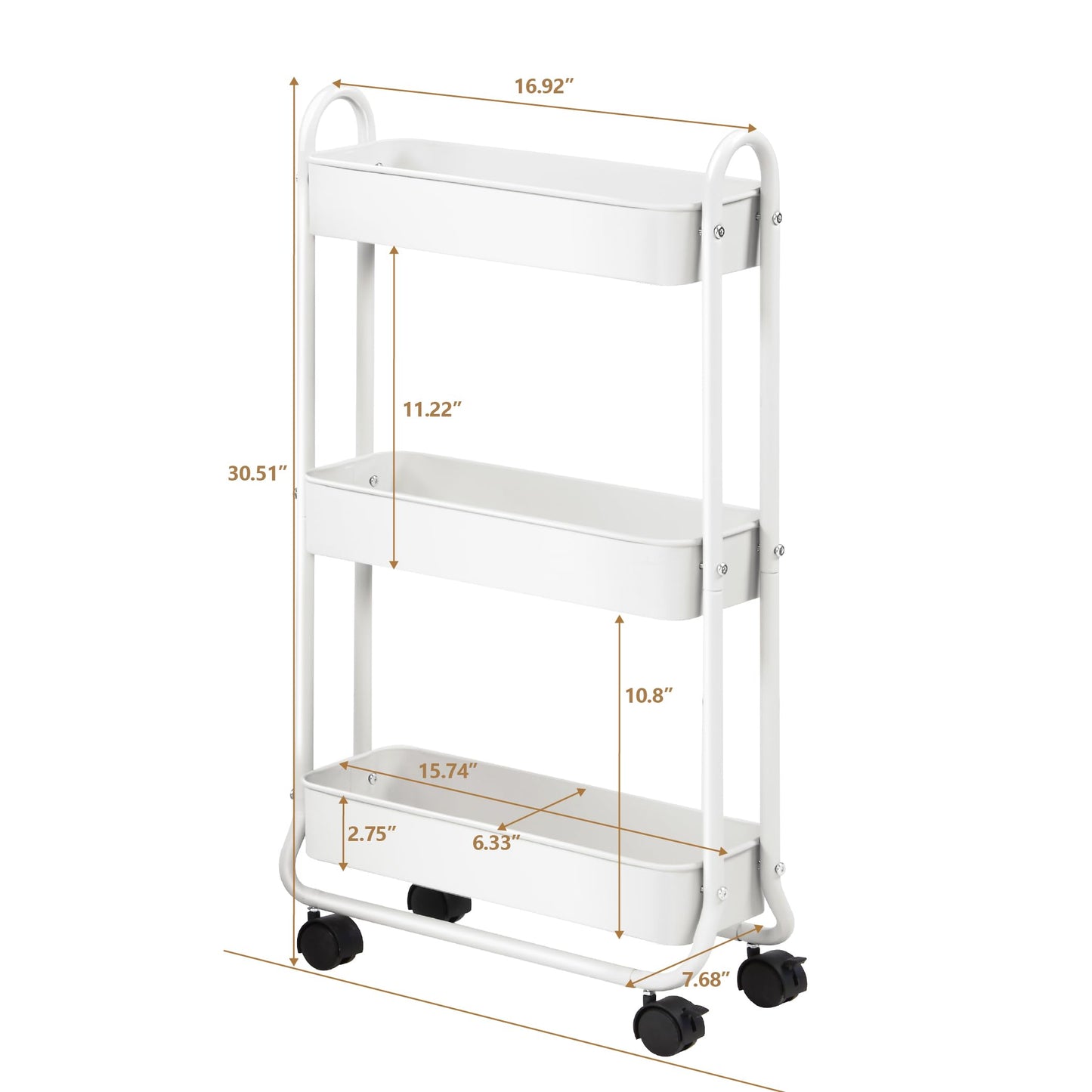 SunnyPoint Slim Rolling Storage Cart, 3 Tier Bathroom Storage Organizer Bathroom, Laundry Utility Cart (White)