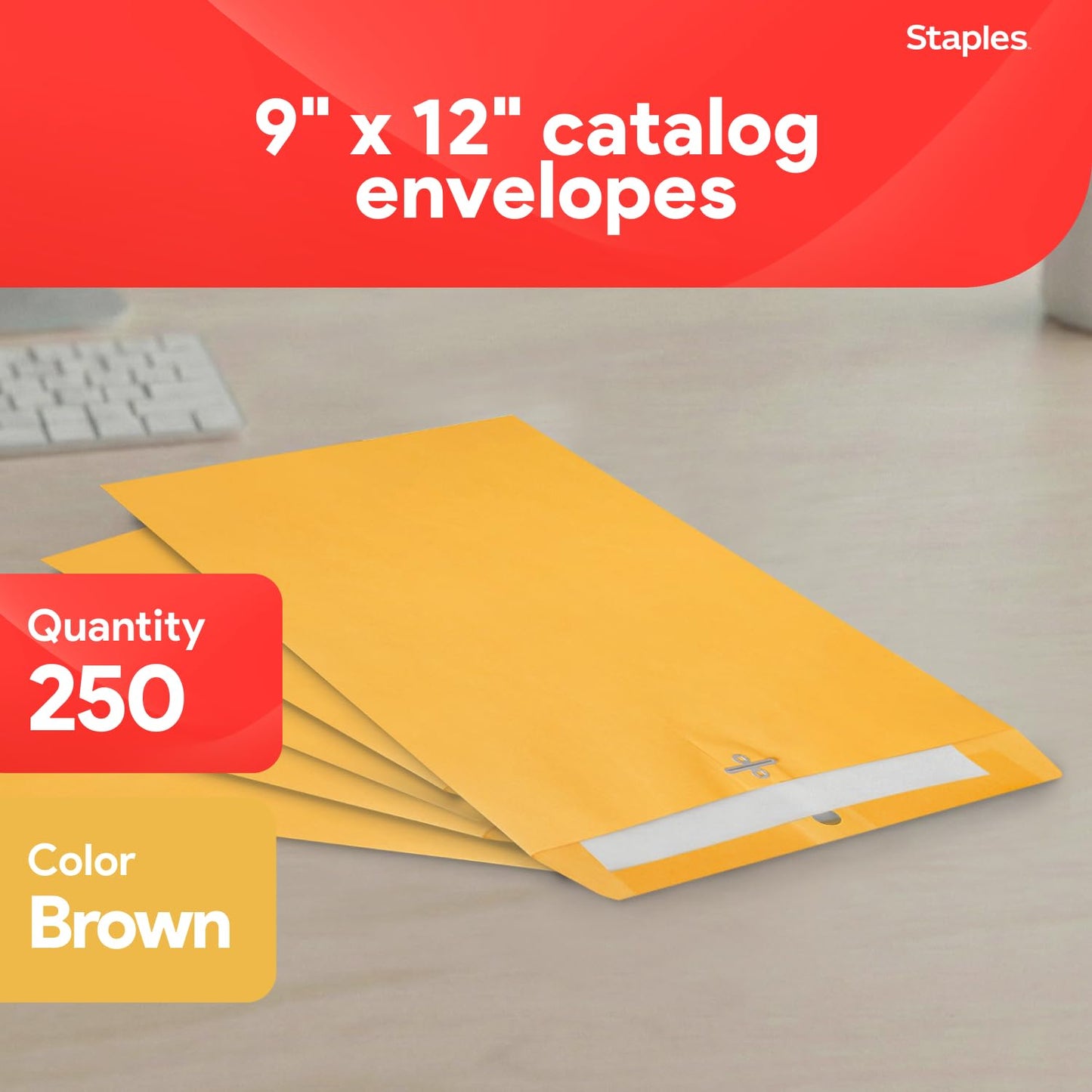Staples 9 x 12 Kraft Clasp Envelopes, Brown Manila, Reinforced Metal Clasp & Gummed Seal, Heavy‑Duty Mailing Envelopes, 250/Pack
