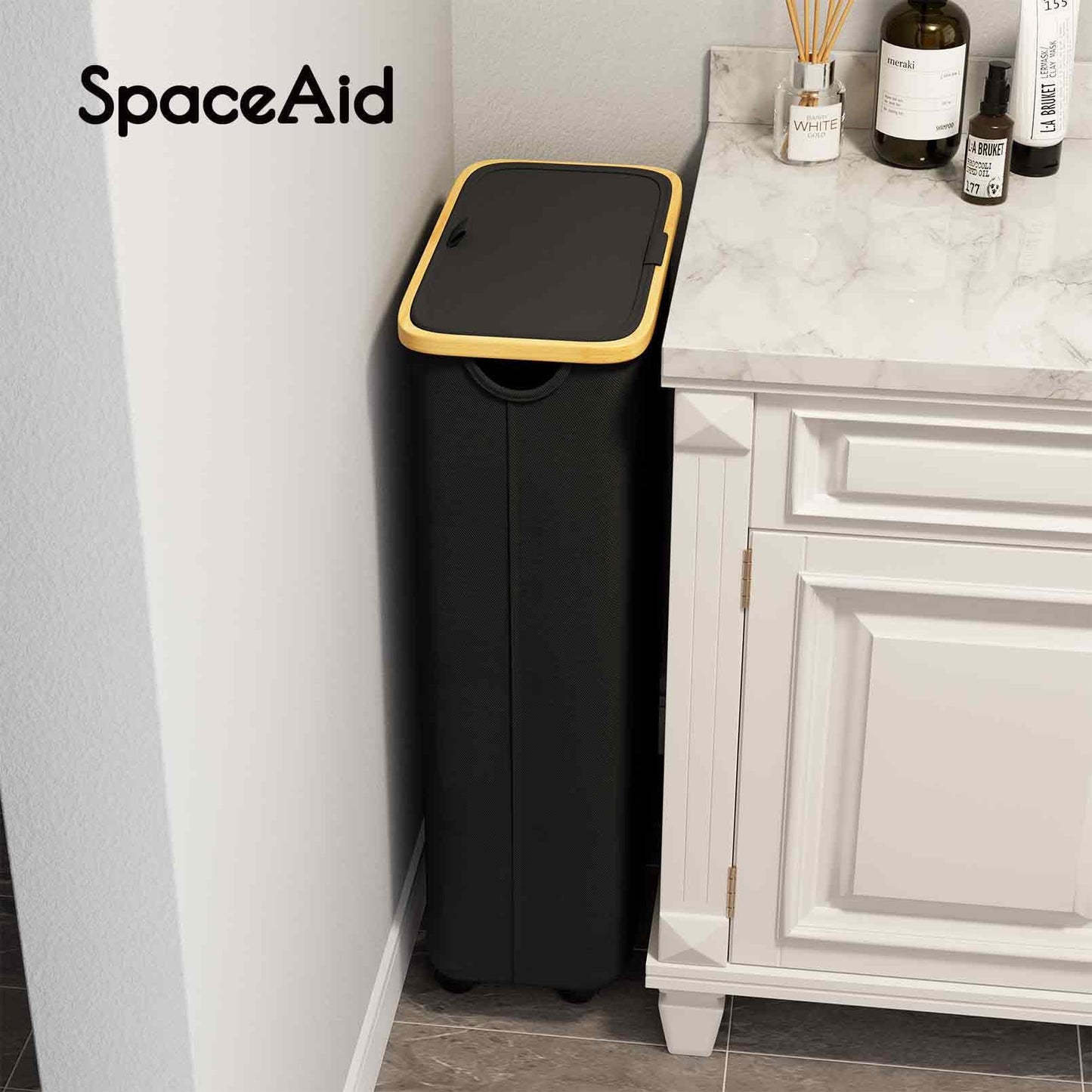 SpaceAid Slim Laundry Hamper with Wheels and Lid,62L Rolling Narrow Clothes Basket with Bamboo Handle, Large Laundry Hamper for Bedroom, Bathroom, Dorm, Laundry Room - Black