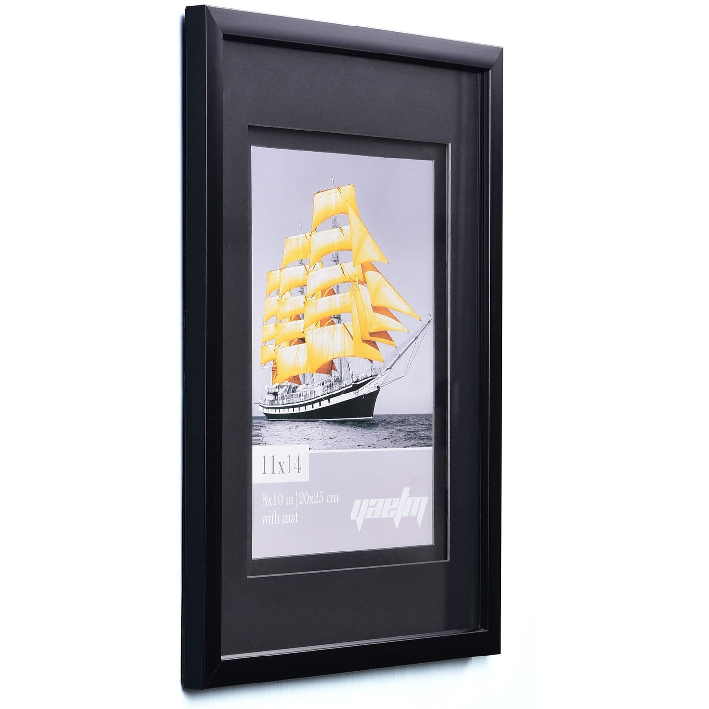 Yaetm 11x14 Double Floating Mat Picture Frame Set of 4, Display Picture 8x10 with Black Double Mat, Polished High Definition Tempered Glass, Wall Mounting Photo Frames, Black/Black