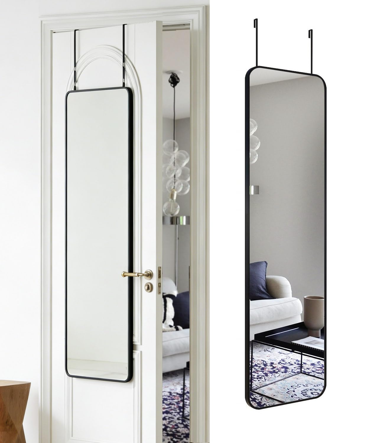 DMWOODFL 14"x48" Full Length Over The Door Mirror, Aluminum Alloy Frame Full Body Mirror with Height-Adjustable Hangers, Hanging Leaning Against Wall for Dorm Bathroom, Bedroom, Entryway Decor(Black)