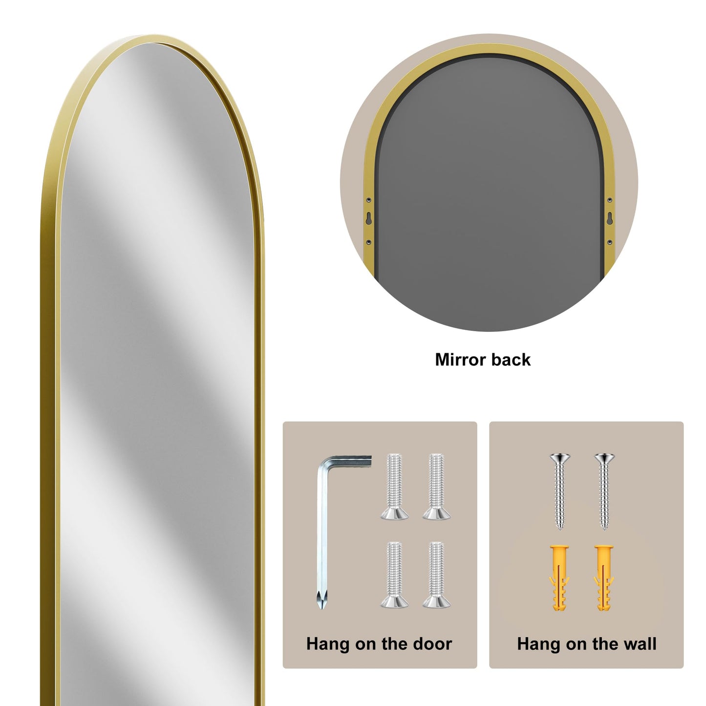 Vlush Door Mirror, Full Length Mirrors Over The Door, 14'' x 48'' Hanging/Rectangular Wall Mirror, Wall-Mounted/Hanging/Leaning, Home Decor,(Gold)