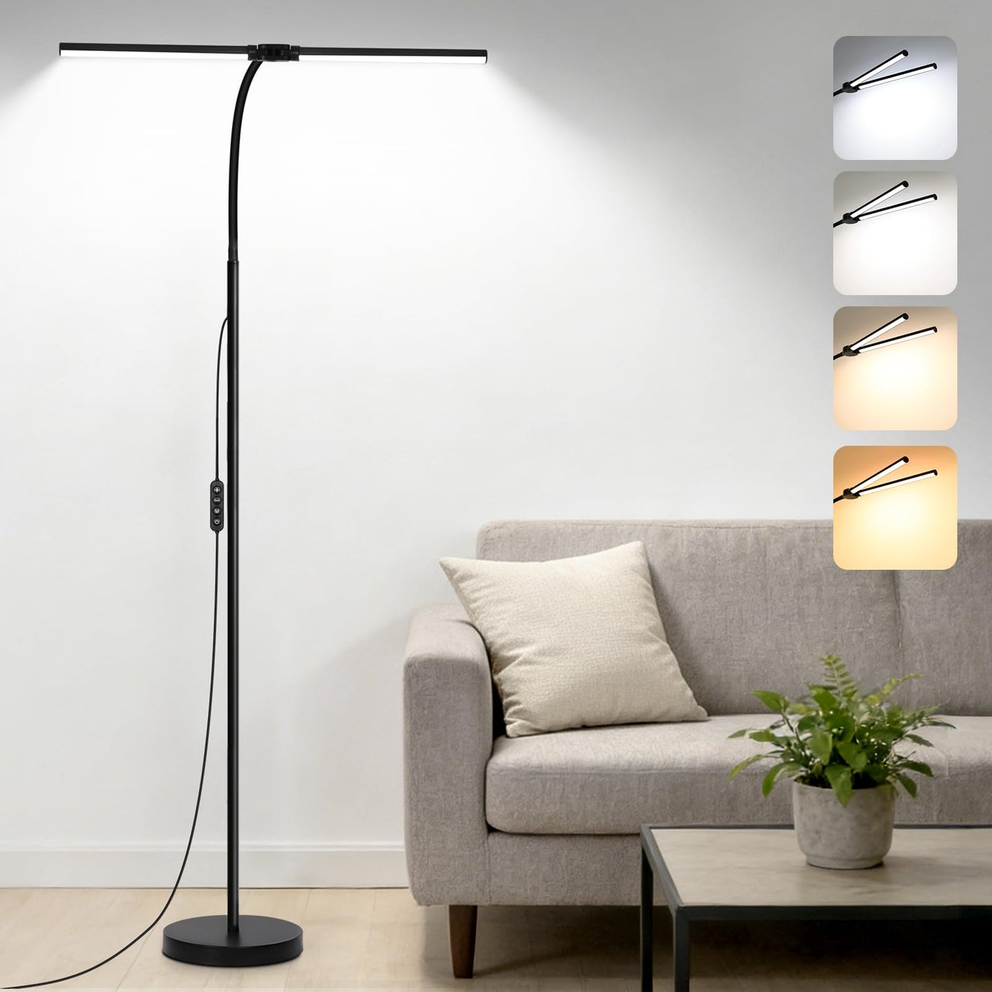 24W/2600LM LED Floor Lamp, Bright Reading Floor Lamps with Dual Head Adjustable Gooseneck, Dimmable Standing Task Lamp for Office Living Room Bedroom, Modern Eye Caring Light for Puzzle Craft Sewing