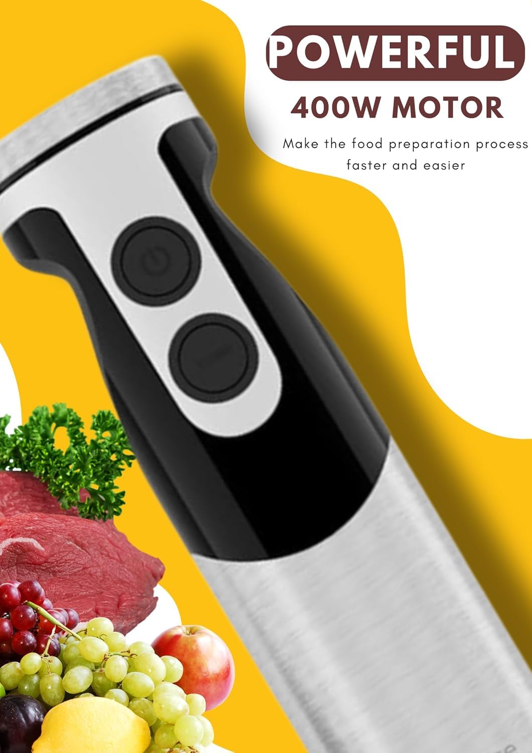 MegaWise Pro Titanium Reinforced 5-in-1 Immersion Hand Blender, Powerful Motor with 80% Sharper Blades, 12-Speed Corded Blender, Including 500ml Chopper, 600ml Beaker, Whisk and Milk Frother (Black)