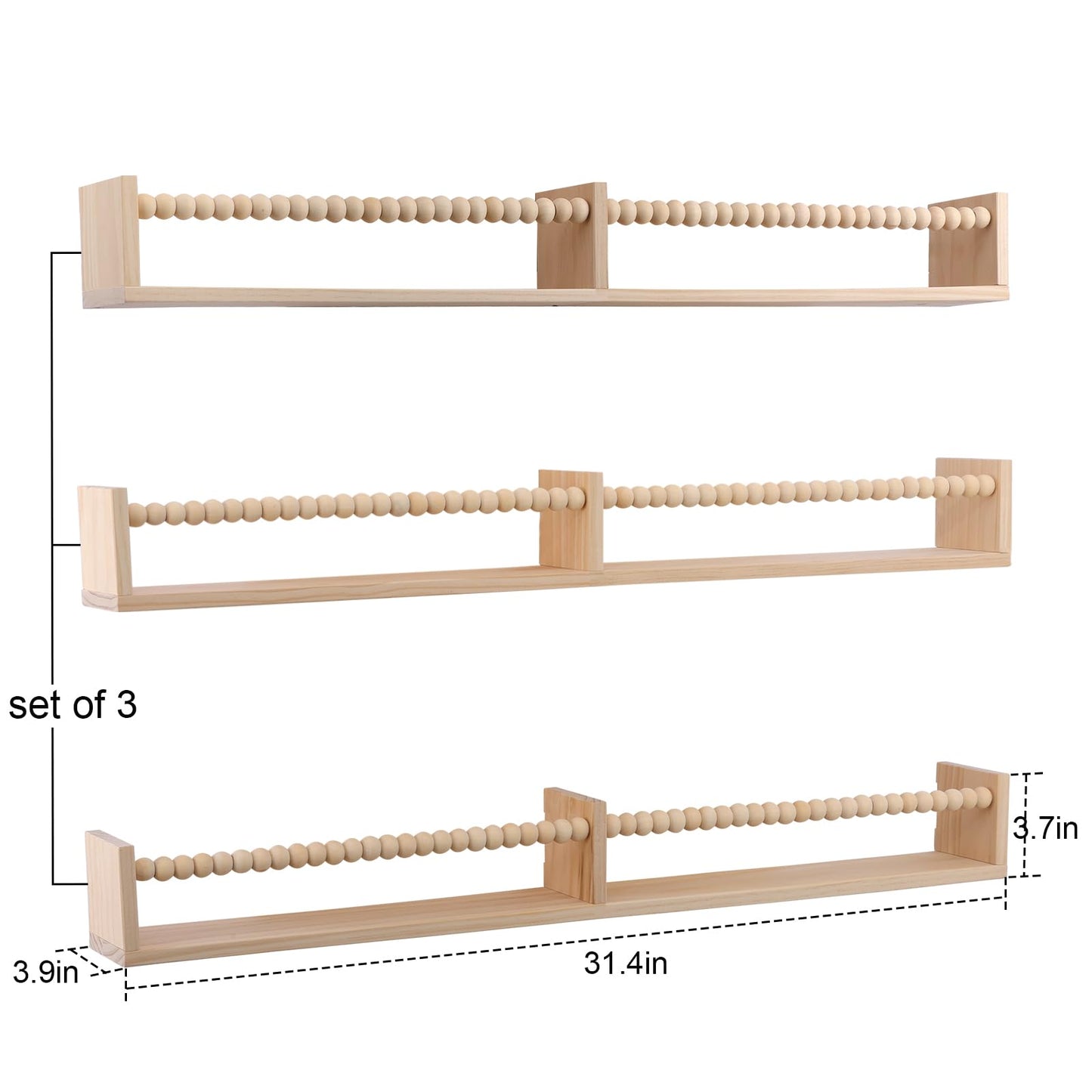 birola Nursery Book Shelves for Kids Rooms - 32 Inches Wall Book Shelves Set of 3, Space-Saving Nursery Shelves with Beads Design for Kids Room, Bedroom and Study Room(Natural)