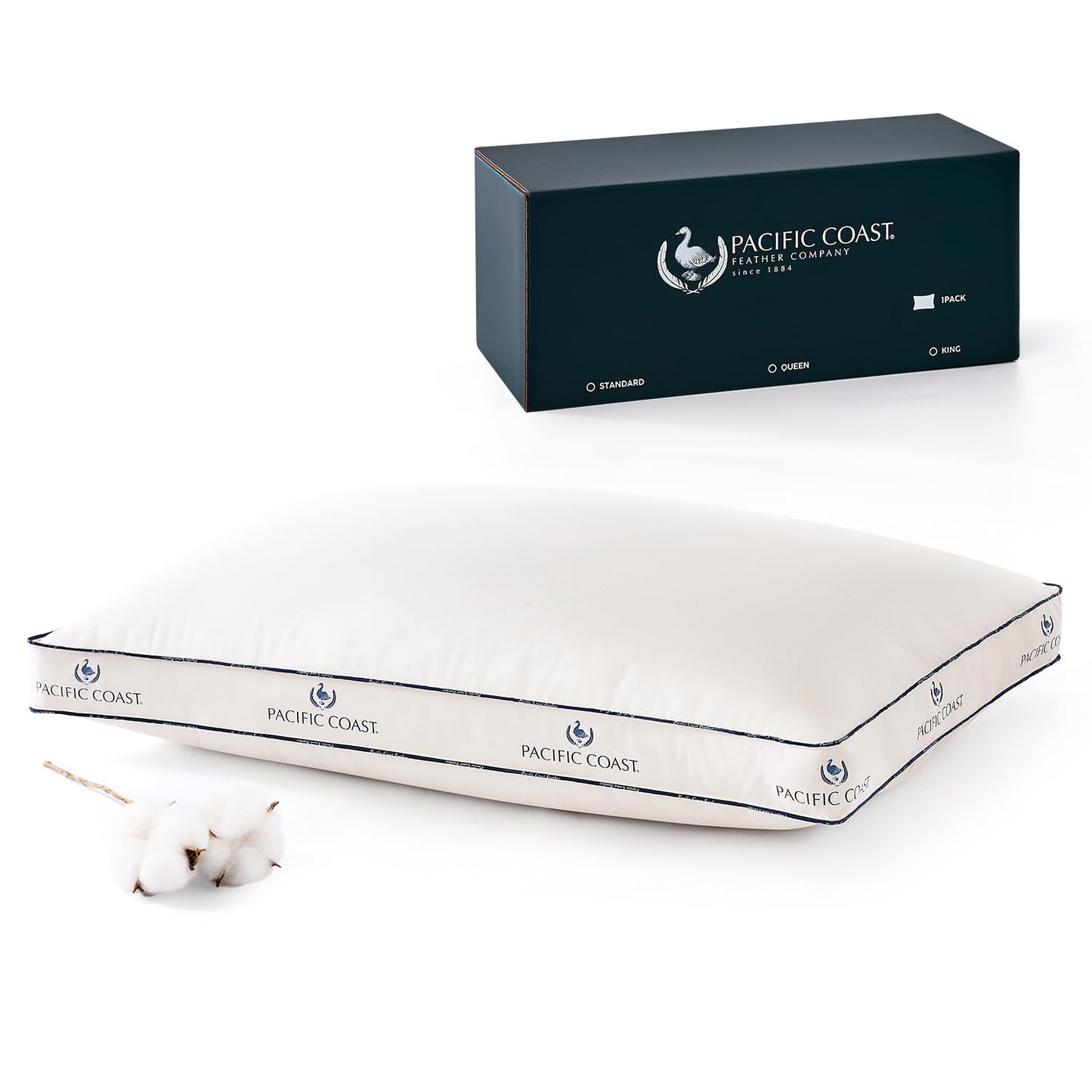 Pacific Coast Goose Firm Bed Pillows of Standard Size, 100% Organic Cotton Cover, Gusseted Design for Sleeping, Feather and Down Pillows of Hotel Collection