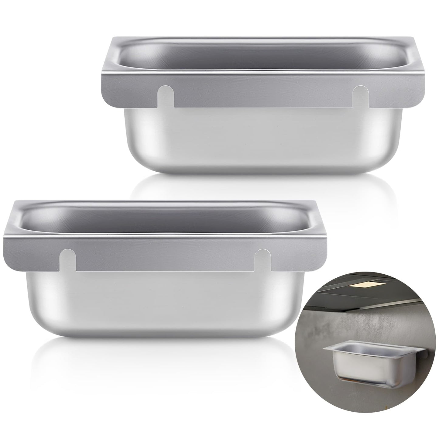 Remerry 2 Pcs Grease Cup Holders for Commercial Kitchens Removable Drip Pan Grease Catchers Stainless Steel Hood Accessories for Restaurants(2.5'' Deep,Shiny)
