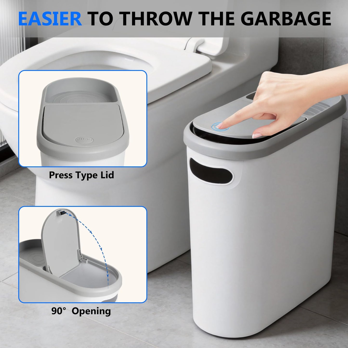 KOOMADE Bathroom Small Trash Can with Lid - 2PC 10 Liter/2.6 Gallon Plastic Slim Narrow Garbage Can with Pop-Up Lid, Space-Saving Trash Bin Waste Basket for Toilet, Bedroom,Kitchen,Craft Room,Office