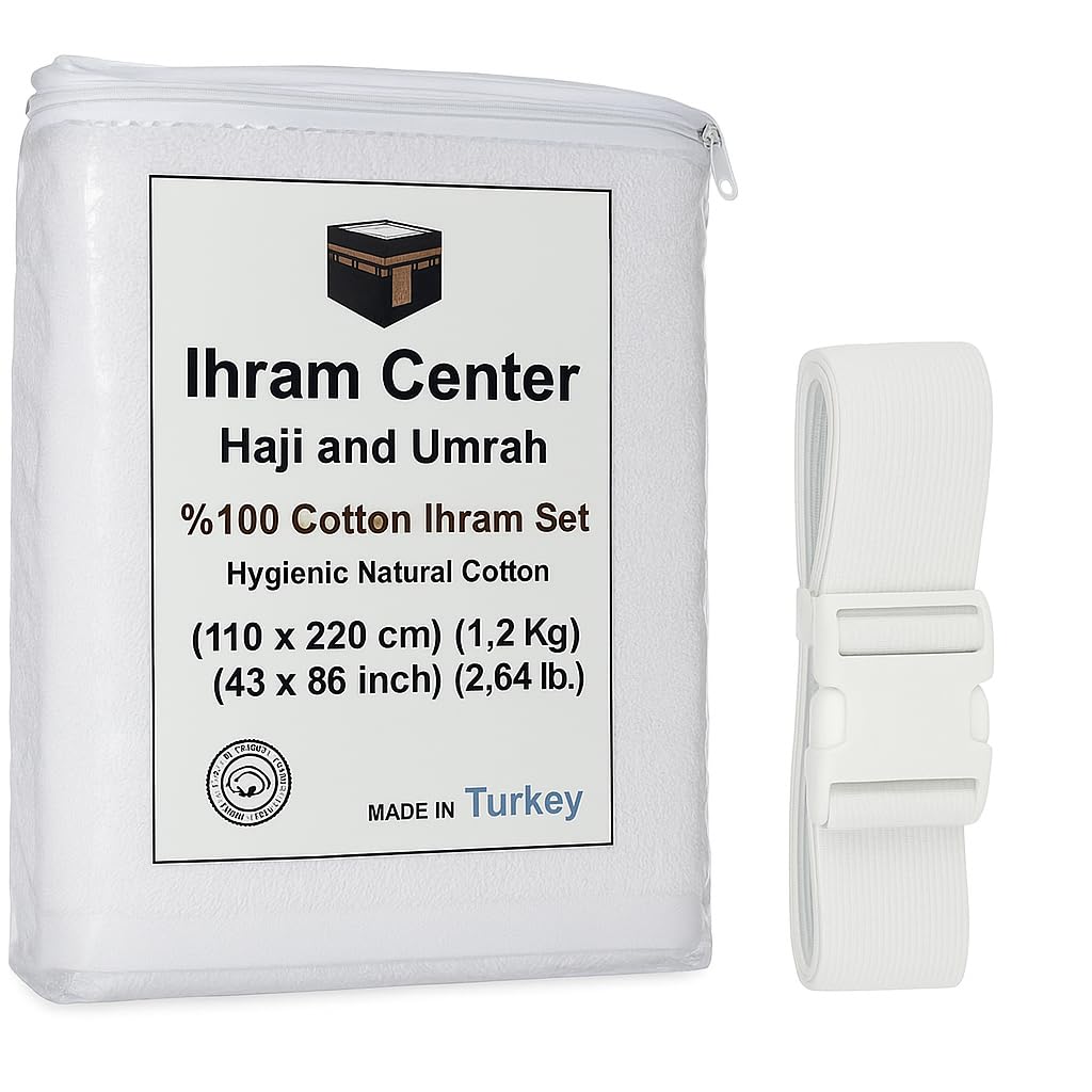 Ihram for Men – 2-Piece Hajj and Umrah Towel Set – 100% Natural Cotton – Soft, Non-Stitched 110x220 cm (43x86 in) – Ahram Ehram (Cotton with Belt)