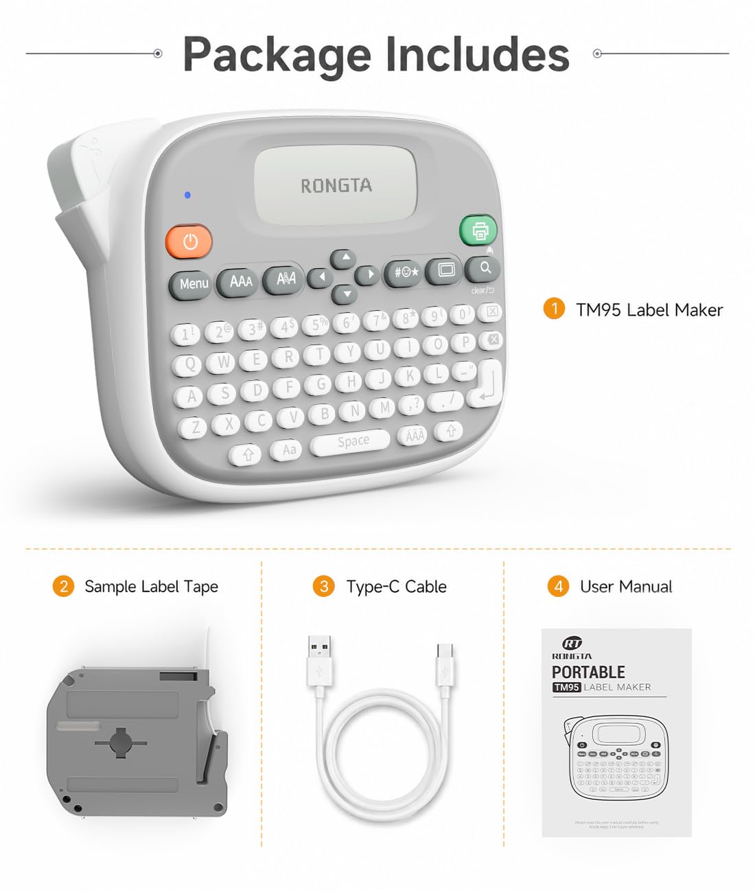 Rongta Label Maker Machine with Tape, Label Maker Waterproof with QWERTY Keyboard, TM95 12mm Portable Labeler for Home Organization, Office or School Supplier (Label Maker with 1 Tape, White)