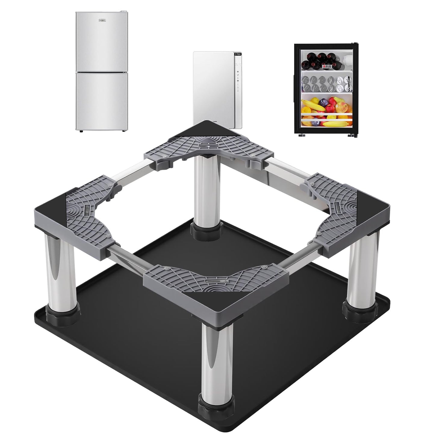 HurOutd Mini Fridge Stand with Silicone Mat, Adjustable Refrigerator Stand with 4 Stainless Steel Feet (9"-10.2" High), Suitable for Small Refrigerators, Portable Compact Washer or Dryer