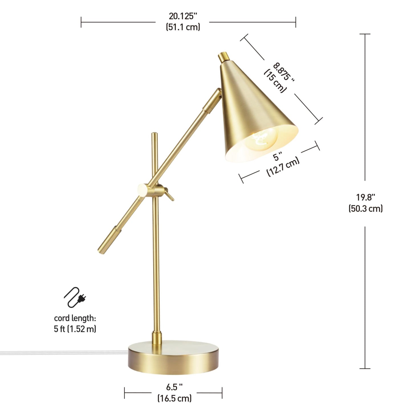 Globe Electric x Novogratz 52887 18" Desk Lamp, Matte Brass Finish, Adjustable Height, Balance Arm, Rotary Switch on Shade, Modern Lighting for Bedroom or Office, E26 Base 50W Bulb