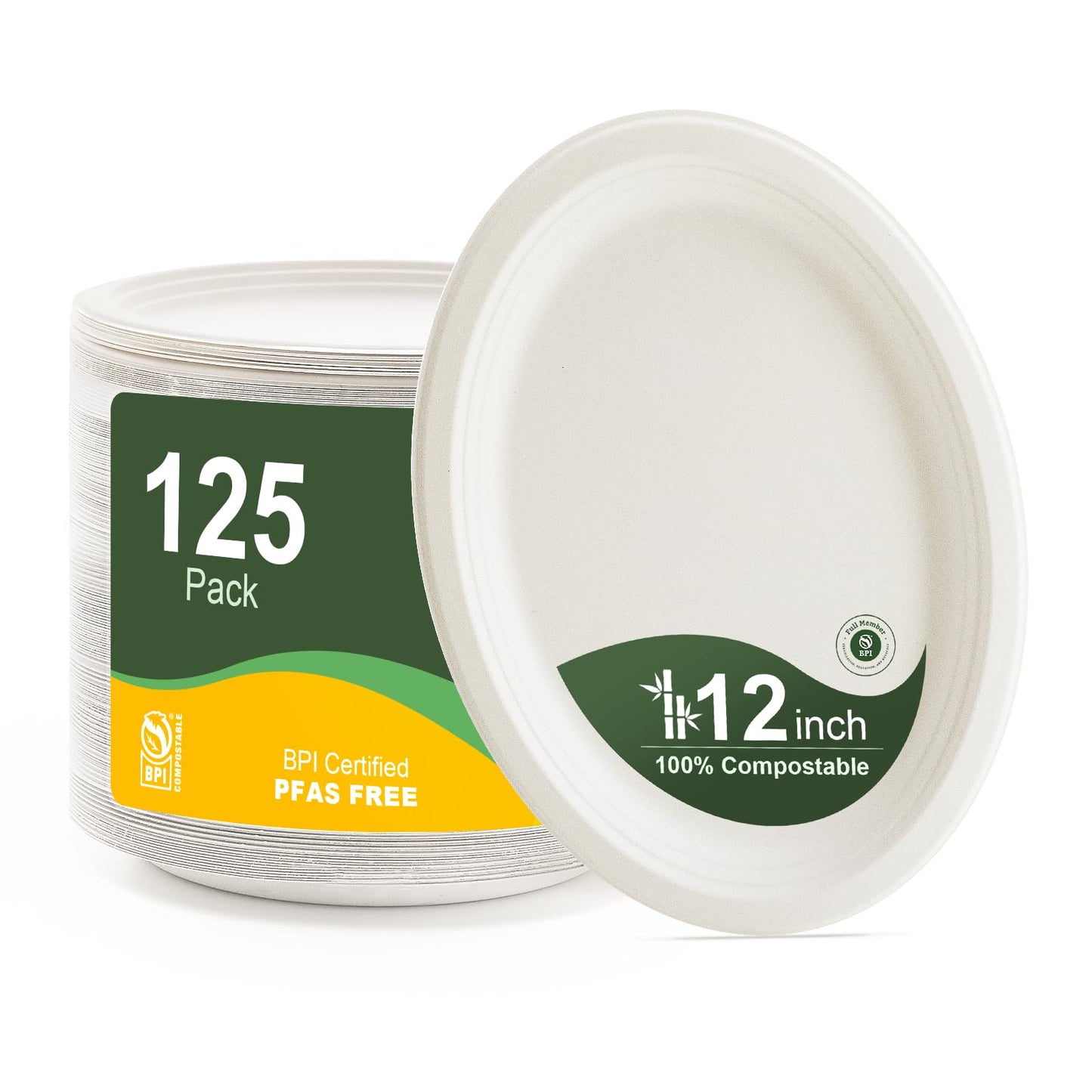 100% Compostable Oval Paper Plates 12 Inch, 125-Pack Large Heavy Duty Paper Plates Bulk,Biodegradable Bagasse,Eco-Friendly Disposable Dinner Plate for BBQ,Picnic,Party (BPI Certified,Microwaveable)