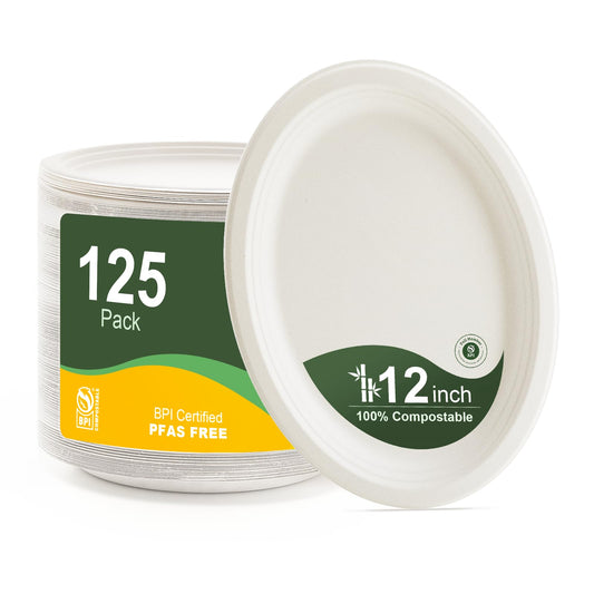 100% Compostable Oval Paper Plates 12 Inch, 125-Pack Large Heavy Duty Paper Plates Bulk,Biodegradable Bagasse,Eco-Friendly Disposable Dinner Plate for BBQ,Picnic,Party (BPI Certified,Microwaveable)