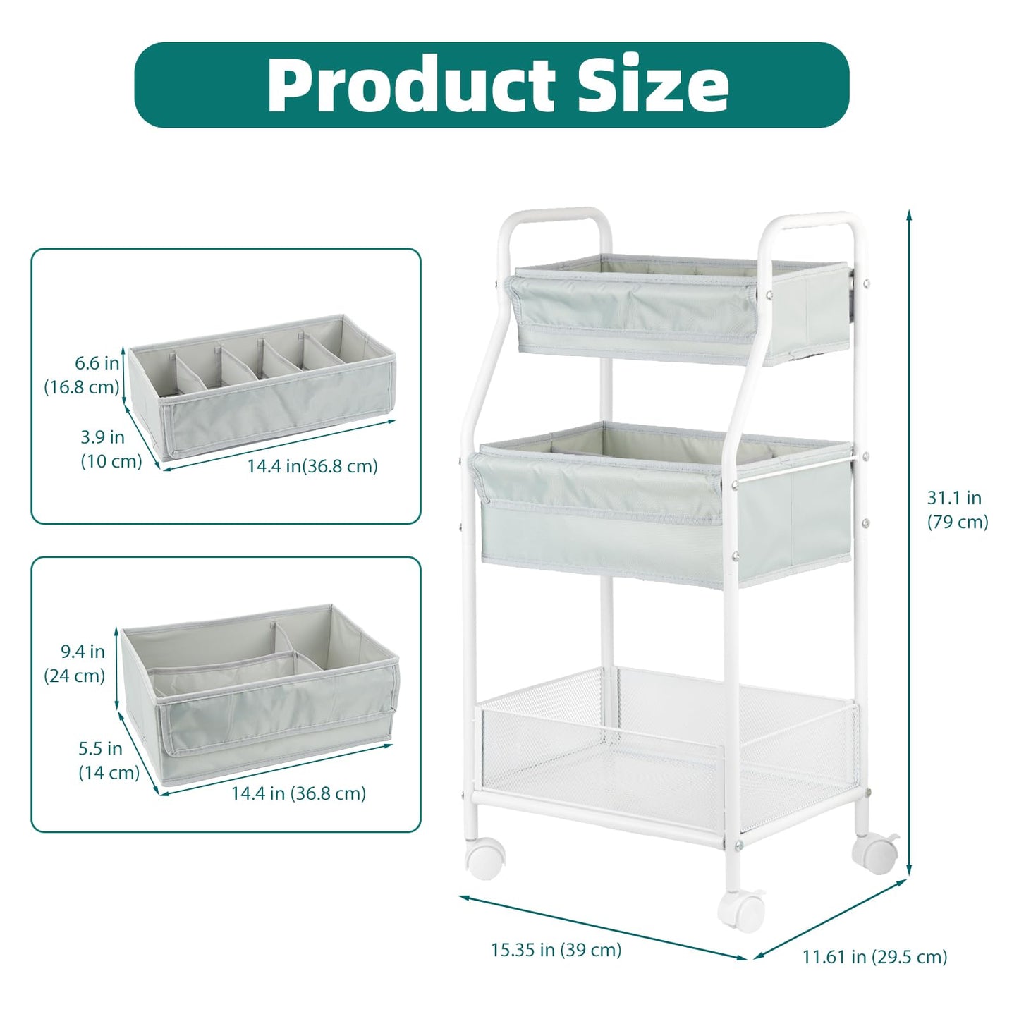 Moteph Rolling Utility Cart with Wheels, 3-Tier Diaper Cart, Rolling Nursery Cart & Baby Caddy Organizer for Nursery Essentials, Bedside/Postpartum Cart, Craft & Art Storage, Rolling Book Cart
