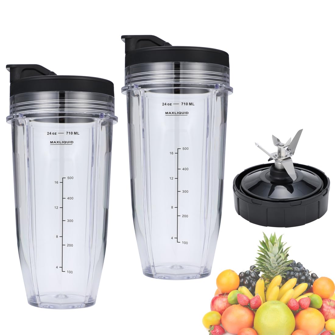 24oz Blender Cups and 7 Fins Blade for Ninja Nutri BN401, BN400, BN801, BN800, Replacement Cups with Sip and Seal Lids. (2Pcs 24oz Cups+1 Pc Blade)- BPA Free.