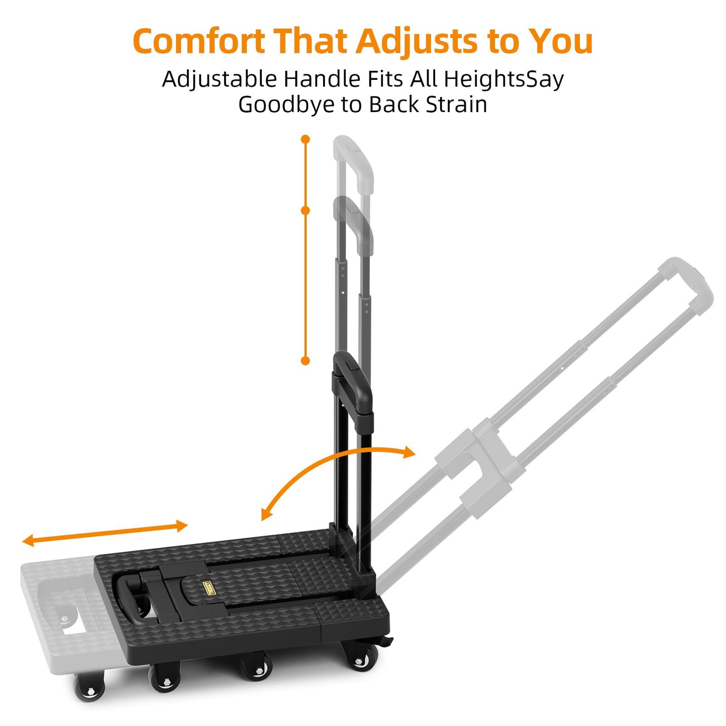 TROOZY Dolly Cart with 6 Wheels 440lbs, Folding Hand Truck with Upright Lock and 2 Elastic Straps, Extendable Heavy Duty Utility Cart for Luggage, Airport, Office & Dorm, Carrito de Carga