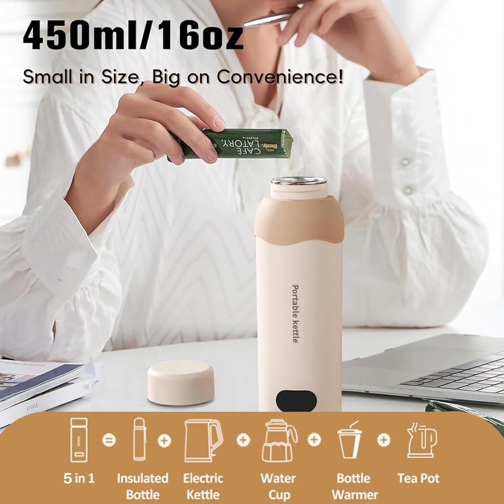 YOIDOO Travel Electric Tea Kettle 316 Stainless Steel, Small Portable Hot Water Kettle with 6 Temperature Control & Automatic Shut Off, 450mL Cute Tea Pot