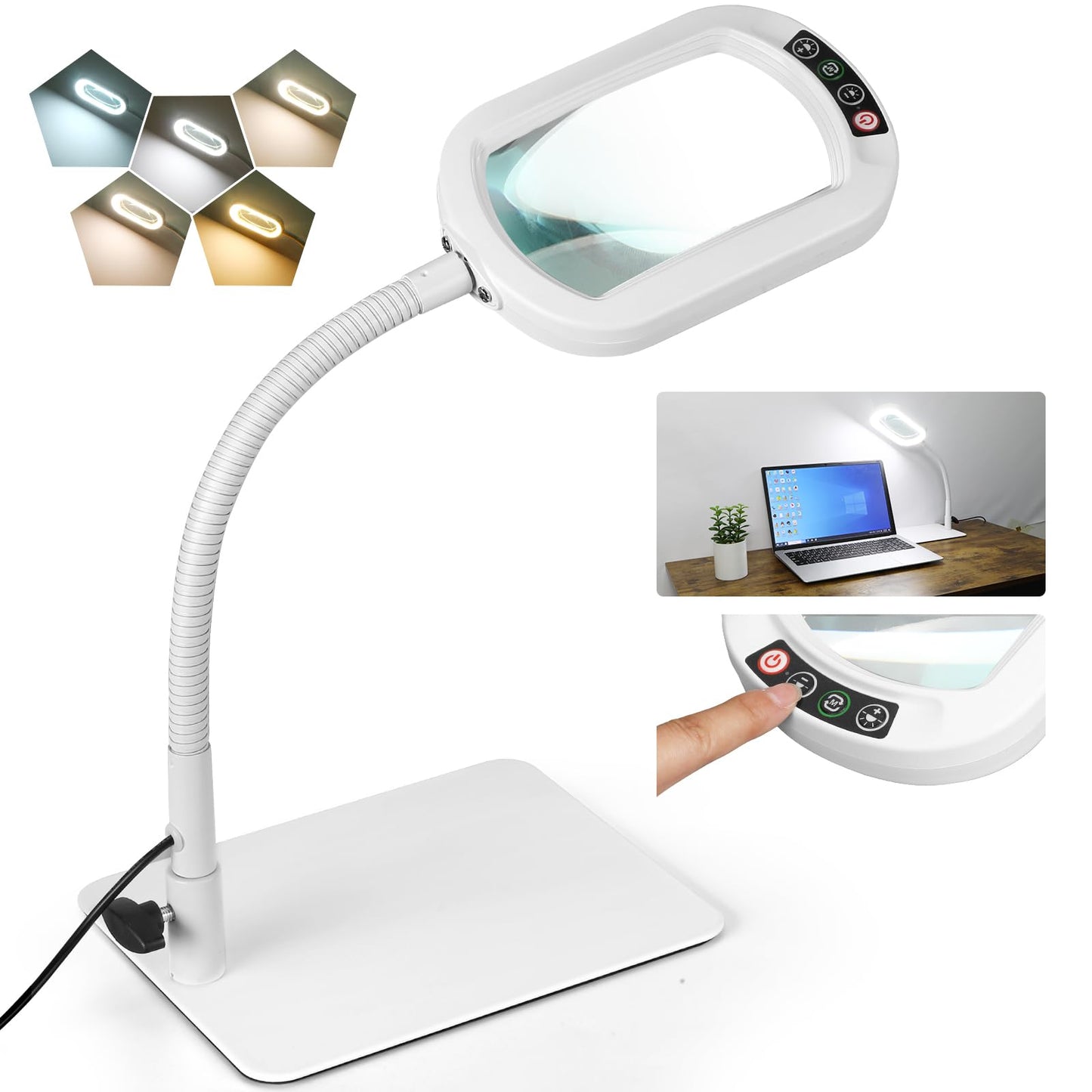 Veemagni 12X Rectangle Magnifying Glass with Light and Stand, Flexible Gooseneck LED Lighted Desk Lamp, 5 Color Modes Stepless Dimmable, Hands Free Magnifier for Reading Painting Close Work - White