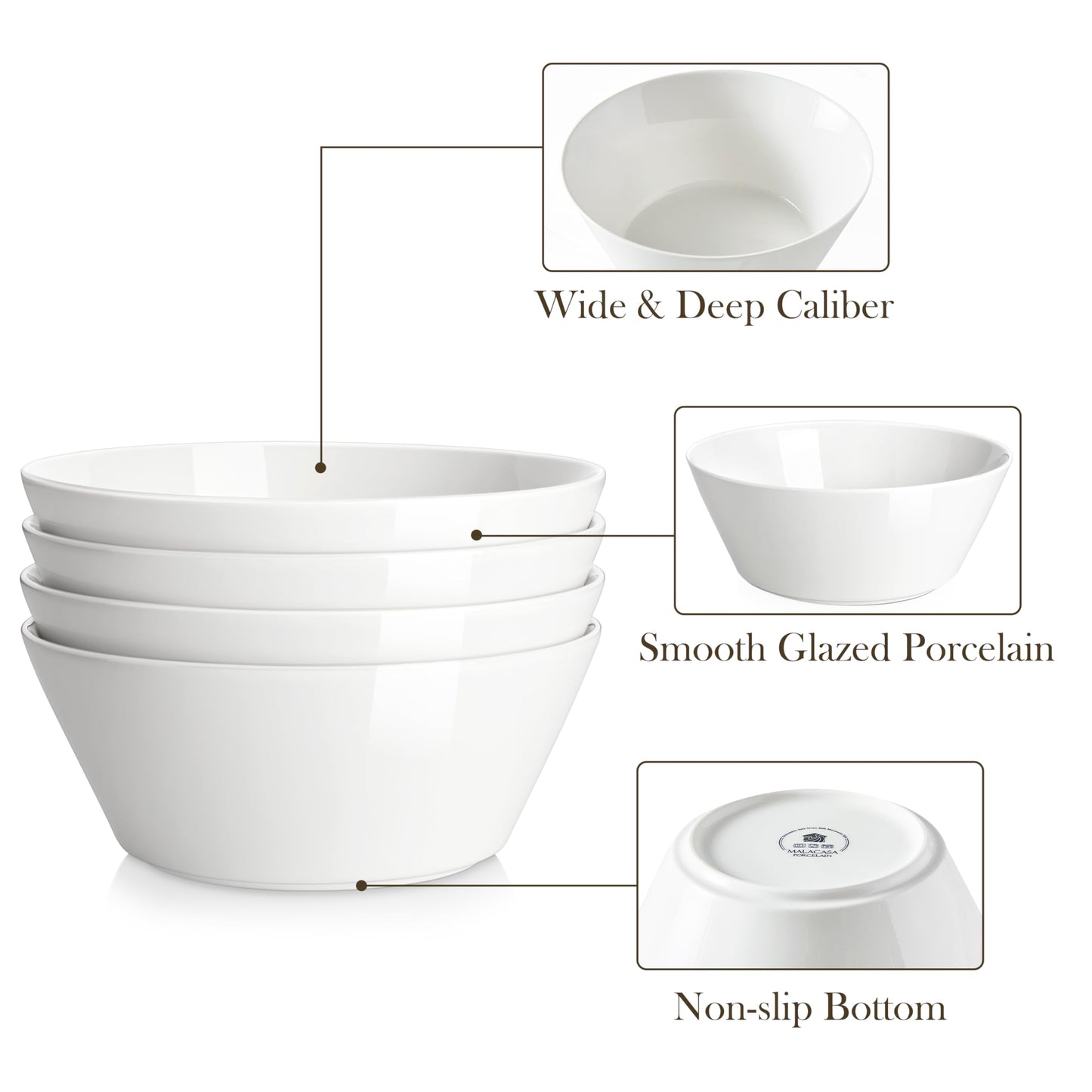 MALACASA Large Salad & Soup Bowls - Set of 4, 60 OZ Porcelain White Bowls for Ramen, Pasta, Pho - Microwave & Dishwasher Safe