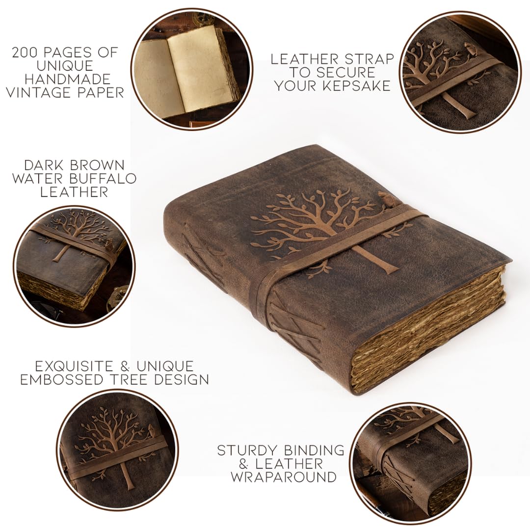 NomadCraftsCo. Vintage Leather Journal Tree of Life-Leather Bound Journal-Antique Paper-Beautiful Embossed Tree Leather Sketchbook - For Drawing Sketching and Writing-240 Pages