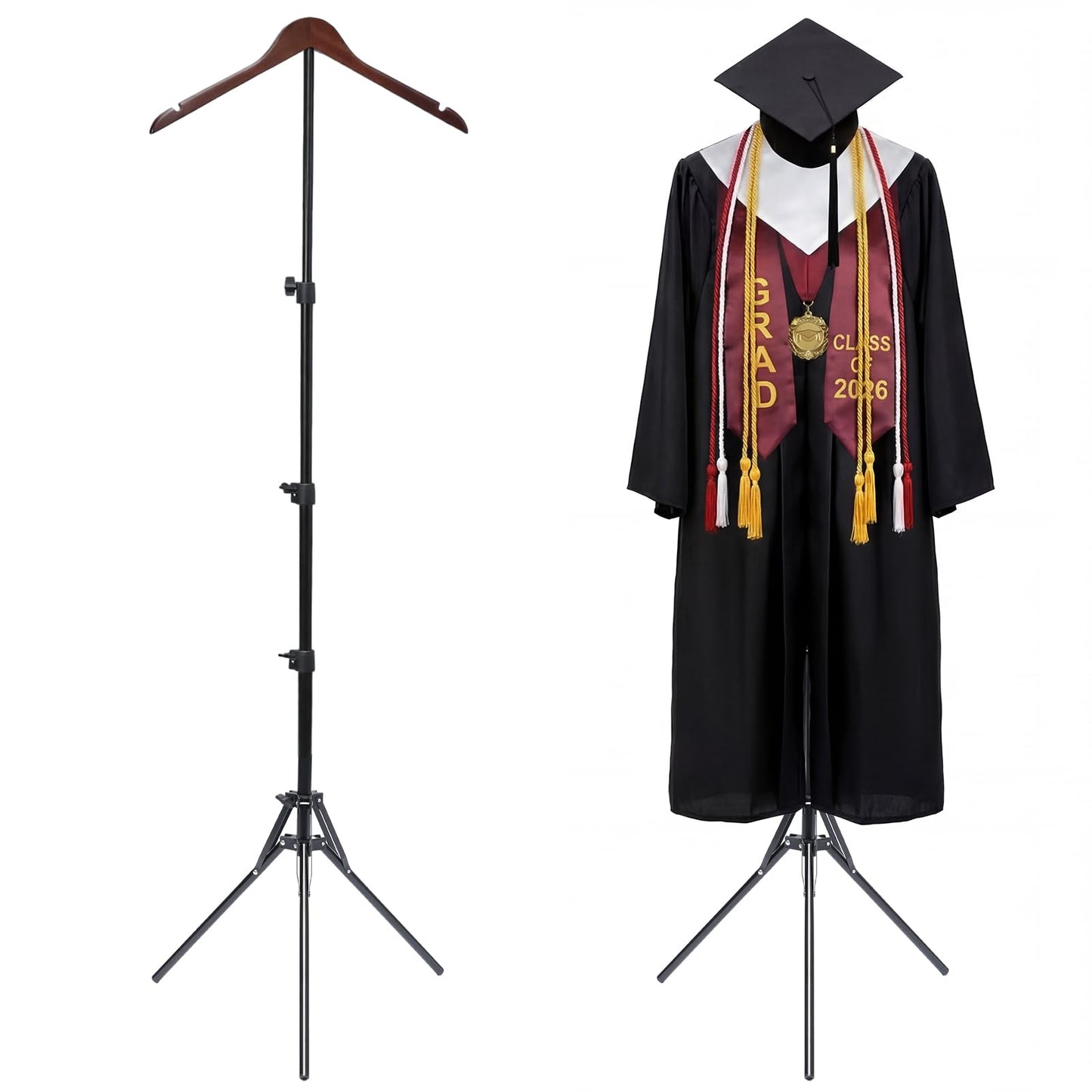 Bucherry Graduation Gown Display Stand Adjustable Garment Hanger for T Shirt 32-63 Inch Portable Hanging Metal Clothes Stand for Graduation Cap Clothing Jacket Coat Shirt Display